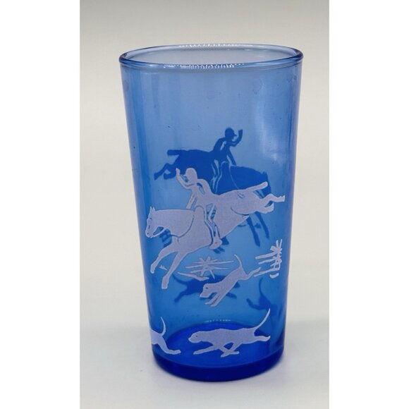 Hazel Atlas Tally Ho Cobalt Blue Juice Glass Fox Hunt 3.75 inch Lot of 3 - Picture 5 of 9